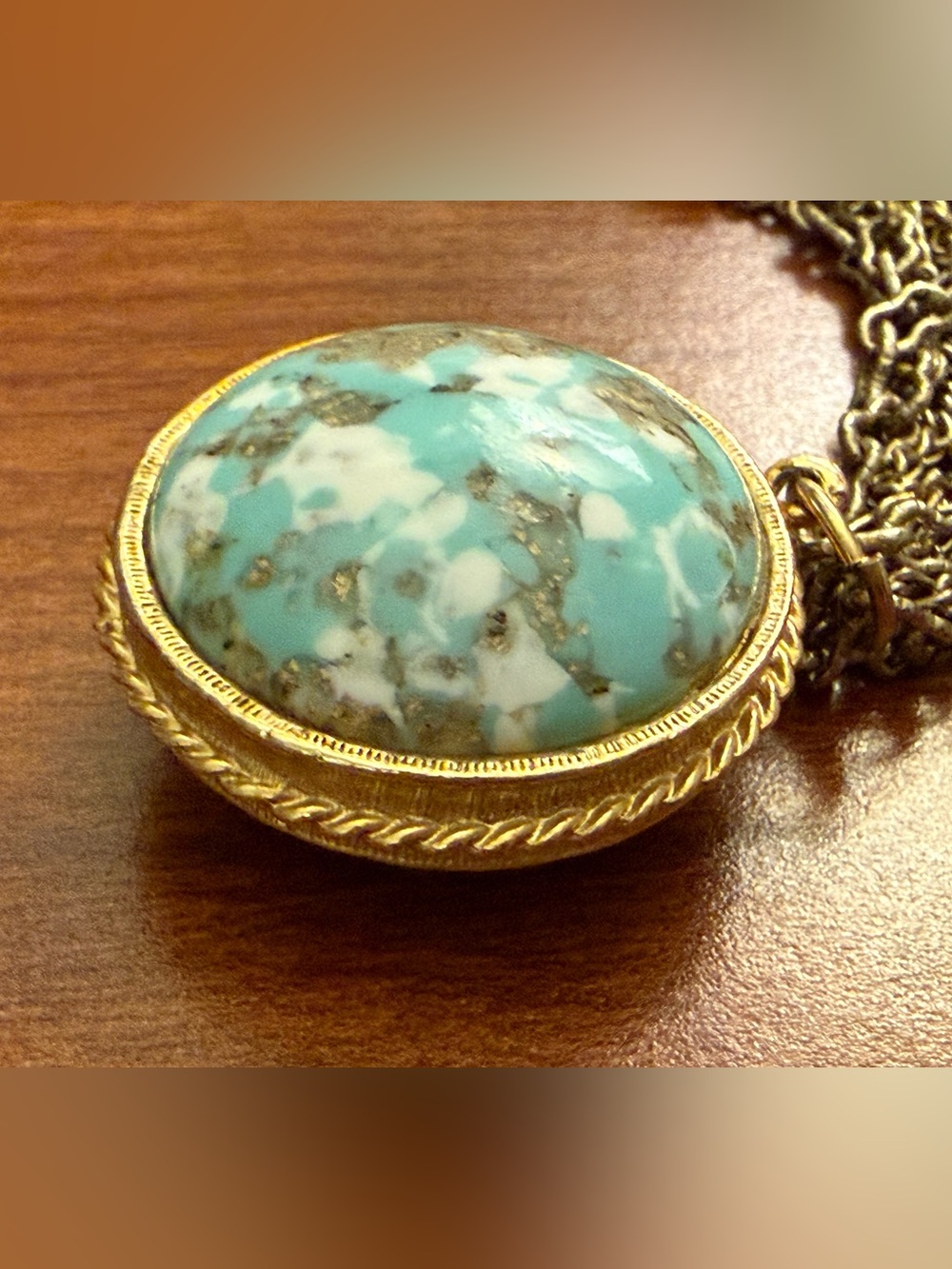 Vintage Gold-Tone Two Sided Turquoise & White Stone Pendant Necklace